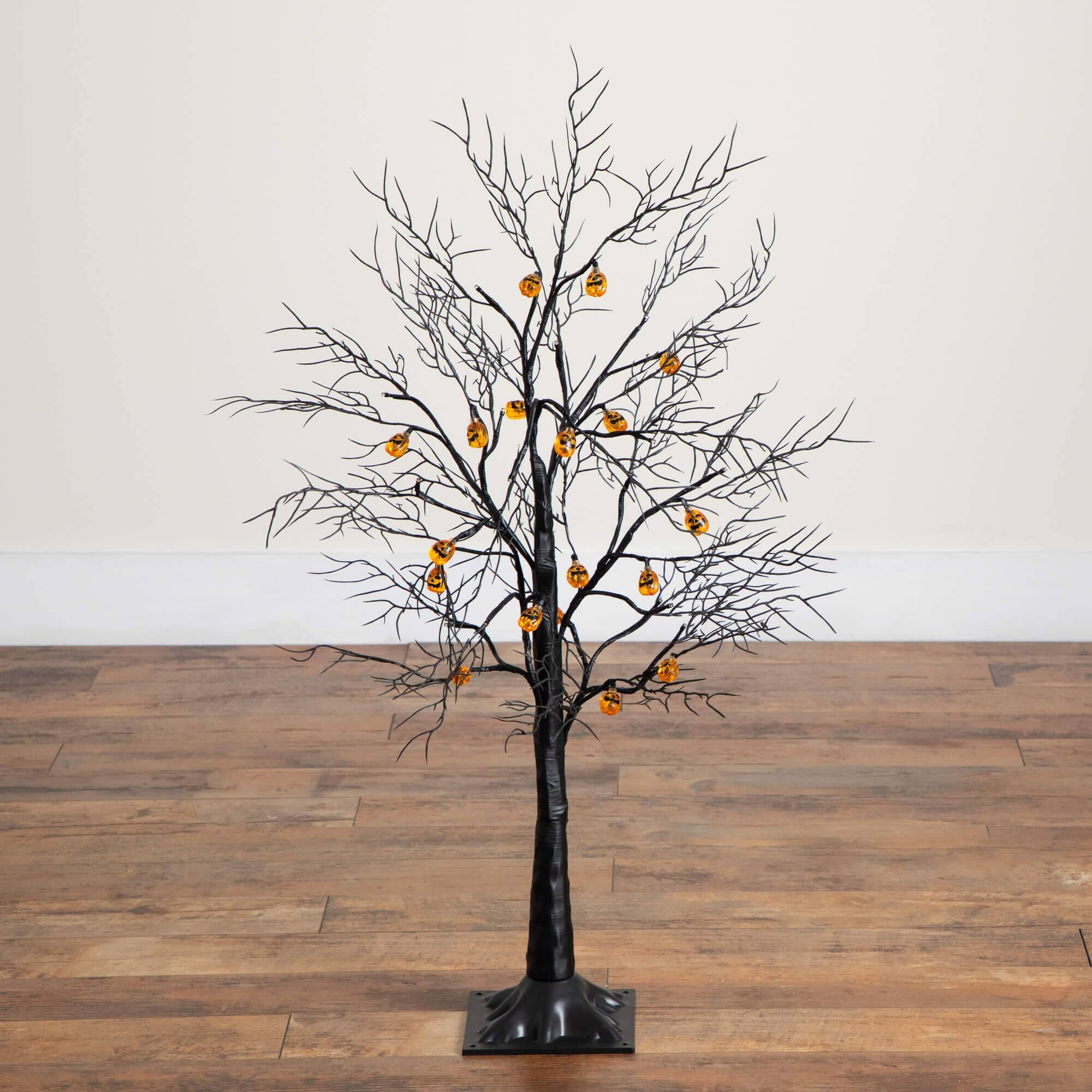 3ft. Pre-Lit Artificial Halloween Black Twig Tree with 18 Orange LED Pumpkin Shaped Lights